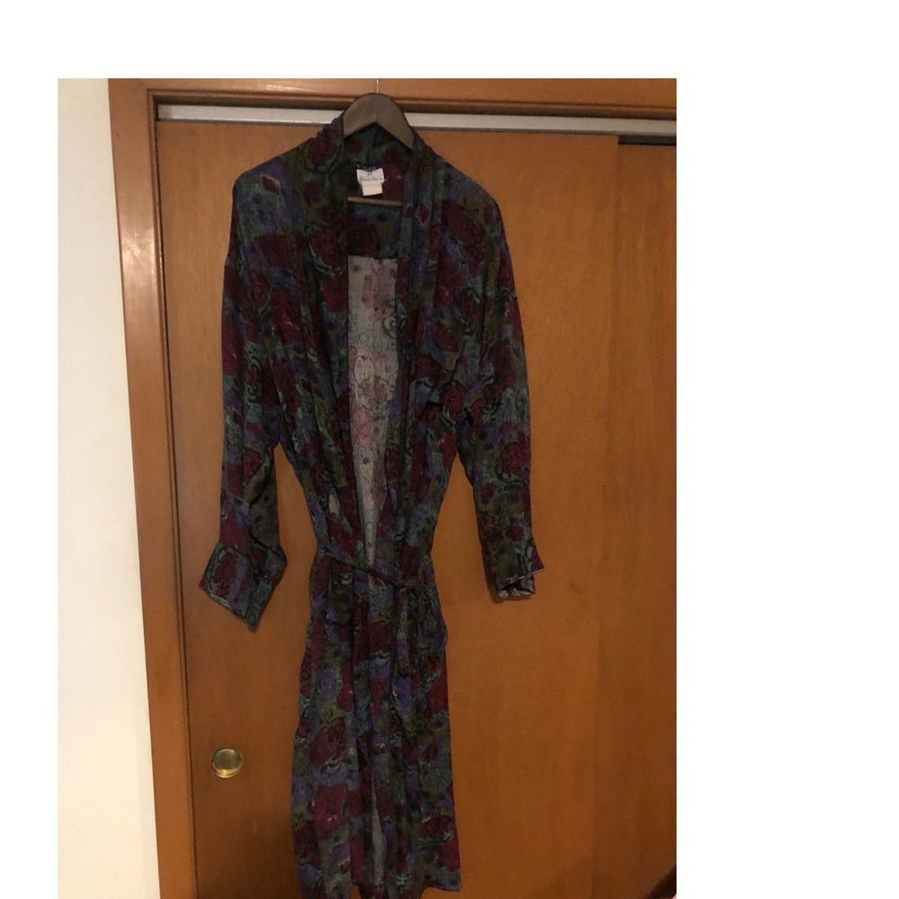 Neiman Marcus Abstract Floral Robe Vintage Burgundy Teal Purple Wrap Tie Waist